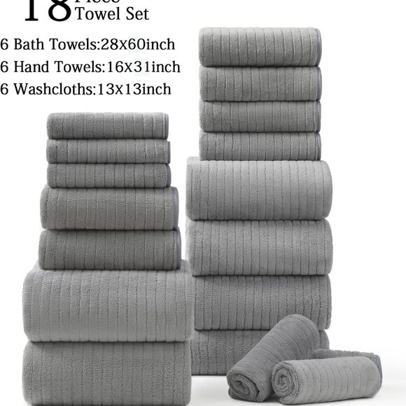 18-Piece Grey Towel Set - Includes Bath Towels, Hand Towels & Washcloths - Picture 9 of 9